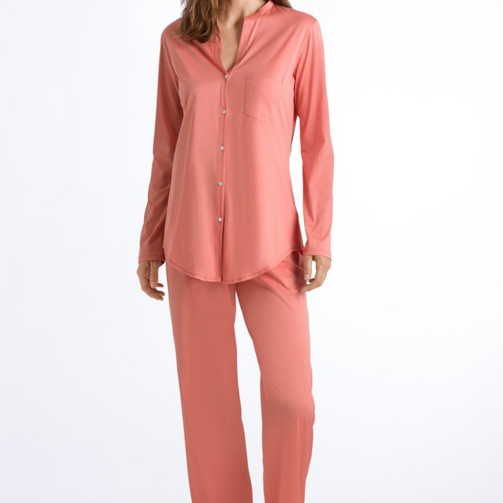NewWT HANRO %100 COTTON DELUXE LONG SLV BUTTON FRONT PAJAMA L Made in Portugal